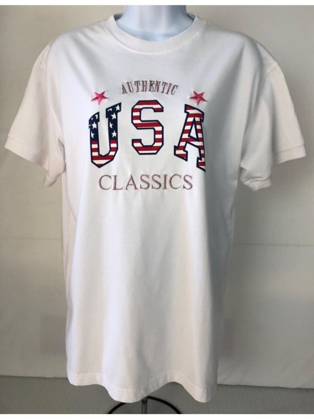 Active Elements T Shirt  Size S White w Red White Blue USA Pink Stars Authentic